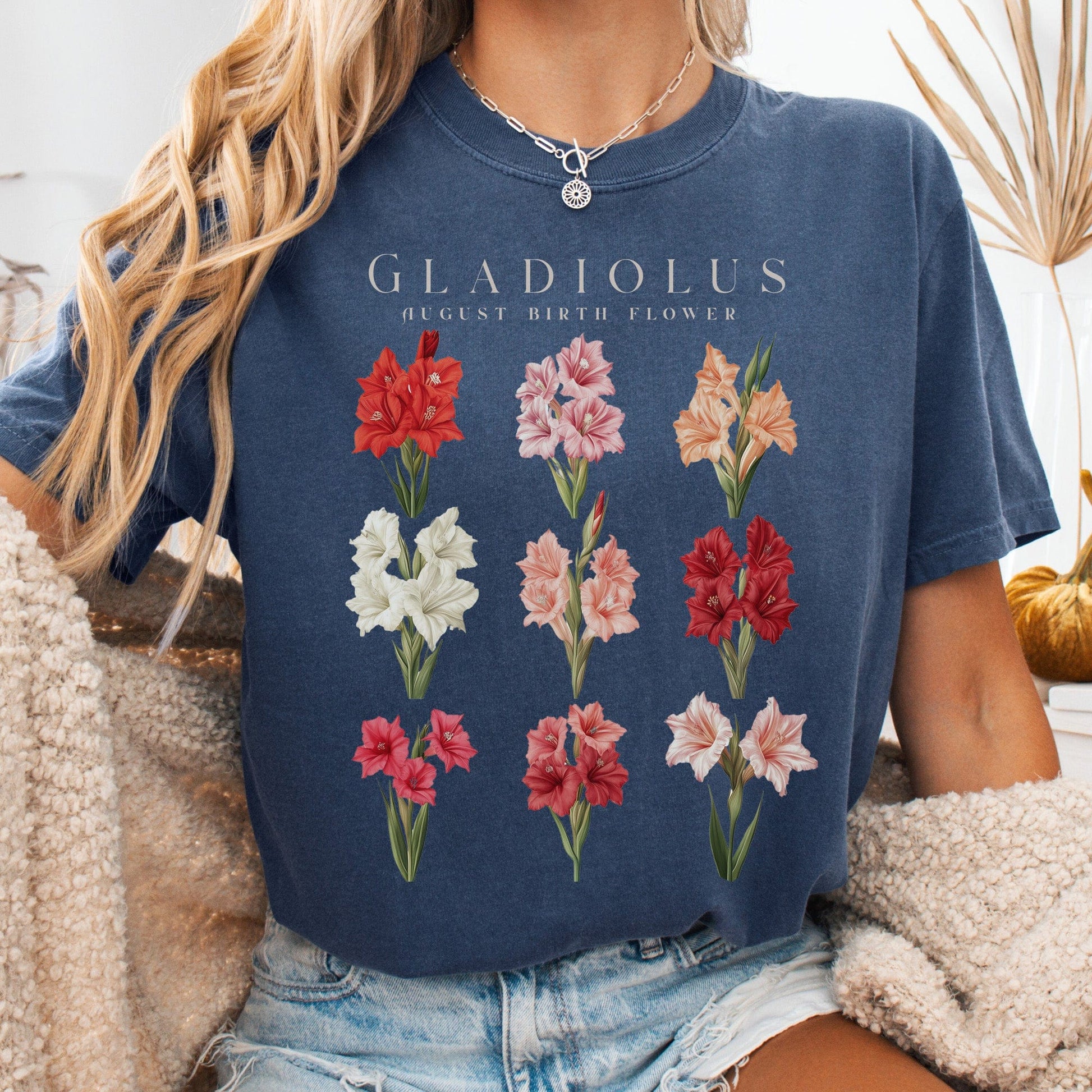 T-Shirt Denim / S Gladiolus August Birth Month Flower Shirt The Mystic Eden