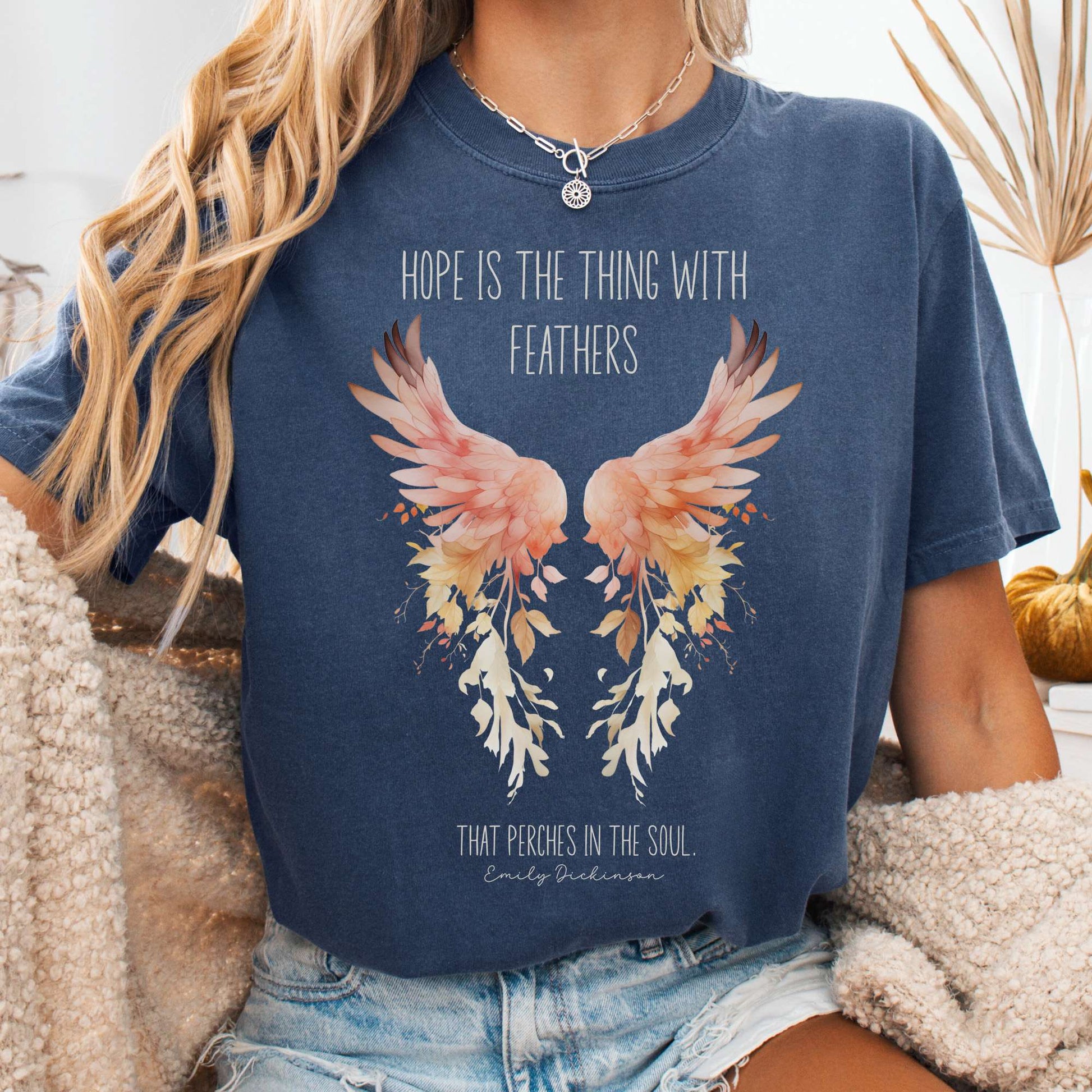 T-Shirt Denim / S Hope is the Thing With Feathers Emily Dickinson T-Shirt – Literary Wings Tee The Mystic Eden