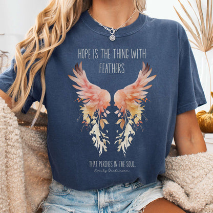 T-Shirt Denim / S Hope is the Thing With Feathers Emily Dickinson T-Shirt – Literary Wings Tee The Mystic Eden