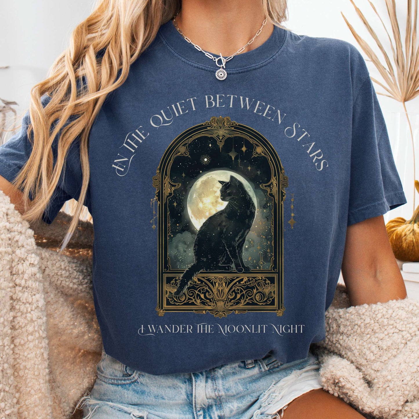 T-Shirt Denim / S In the Quiet Between Stars Moonlit Cat Tee The Mystic Eden