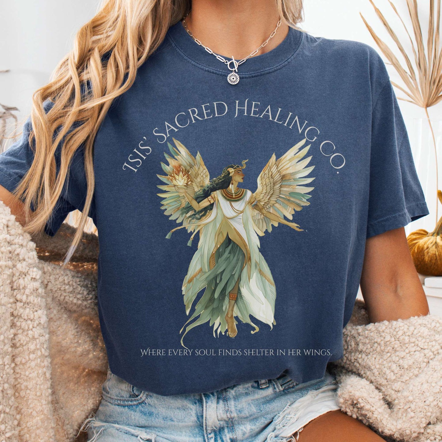 T-Shirt Denim / S Isis' Sacred Healing Co Egyptian Mythology Tee The Mystic Eden