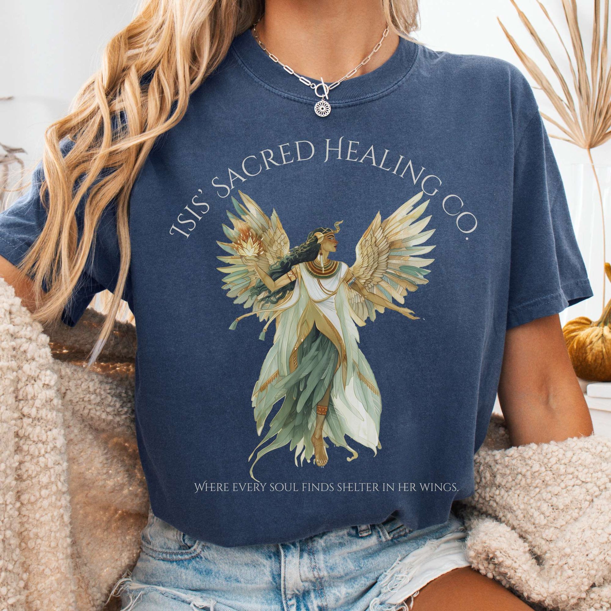 T-Shirt Denim / S Isis' Sacred Healing Co Egyptian Mythology Tee The Mystic Eden