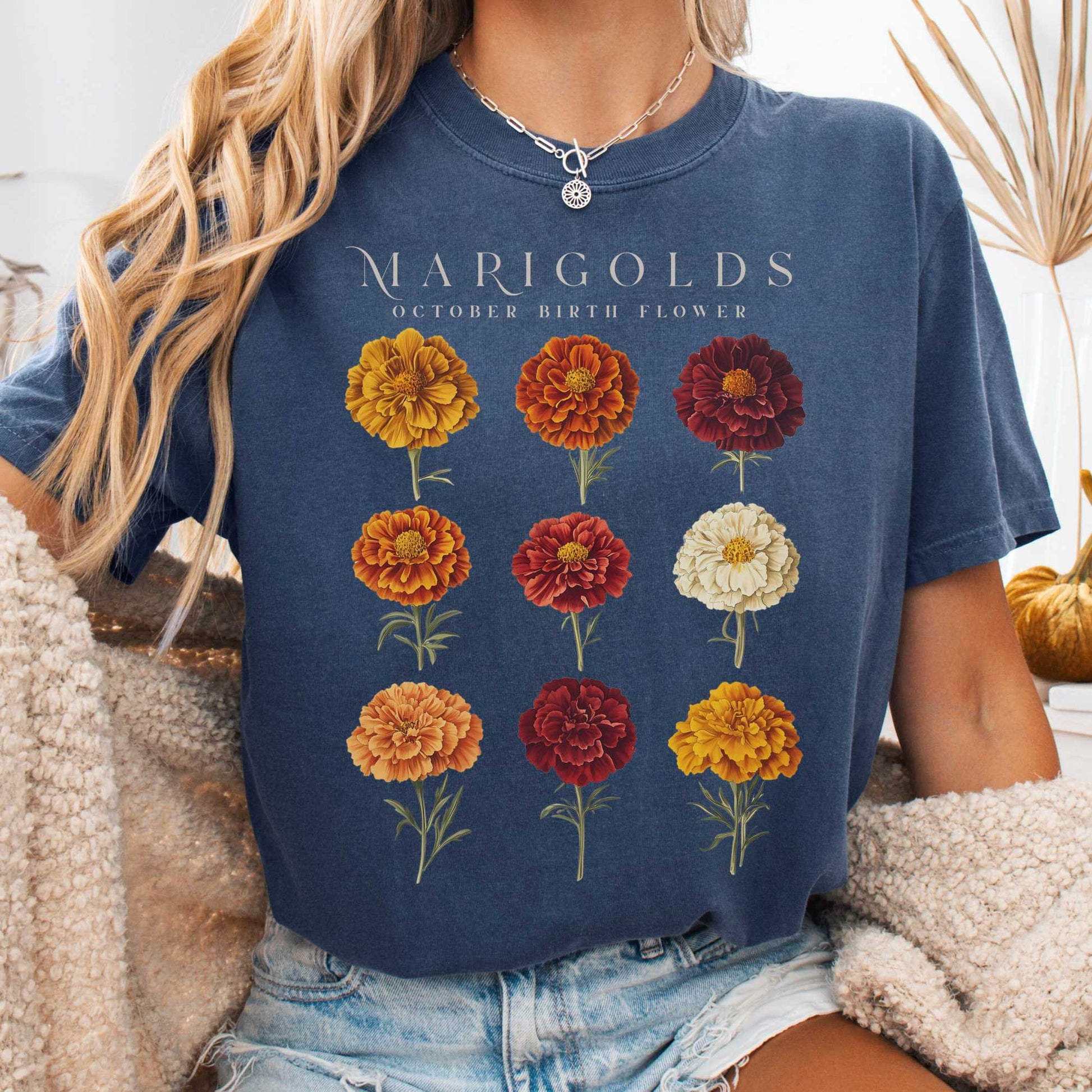 T-Shirt Denim / S Marigolds October Birth Month Flower Shirt The Mystic Eden