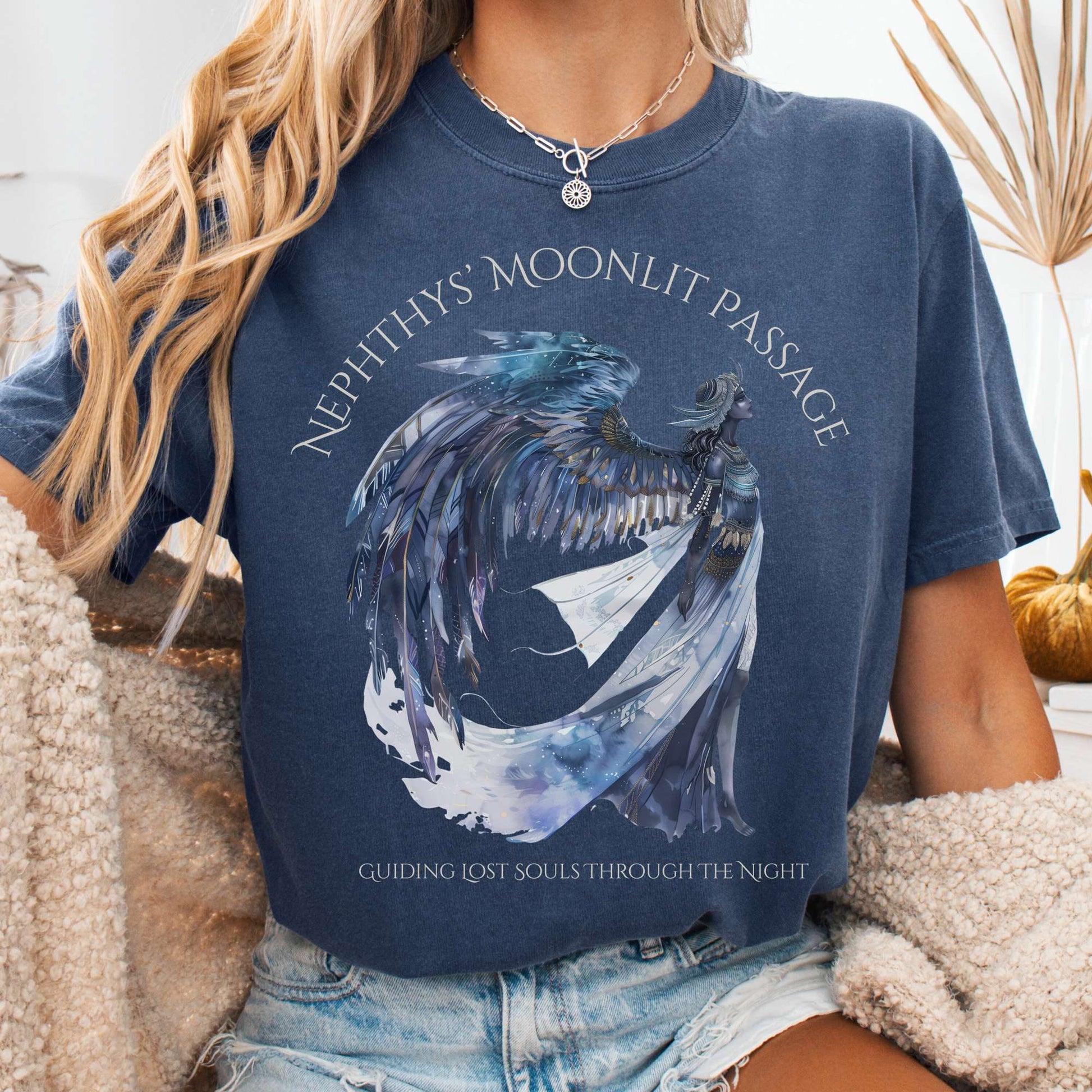 T-Shirt Denim / S Nephthys' Moonlit Passage Egyptian Mythology Tee The Mystic Eden