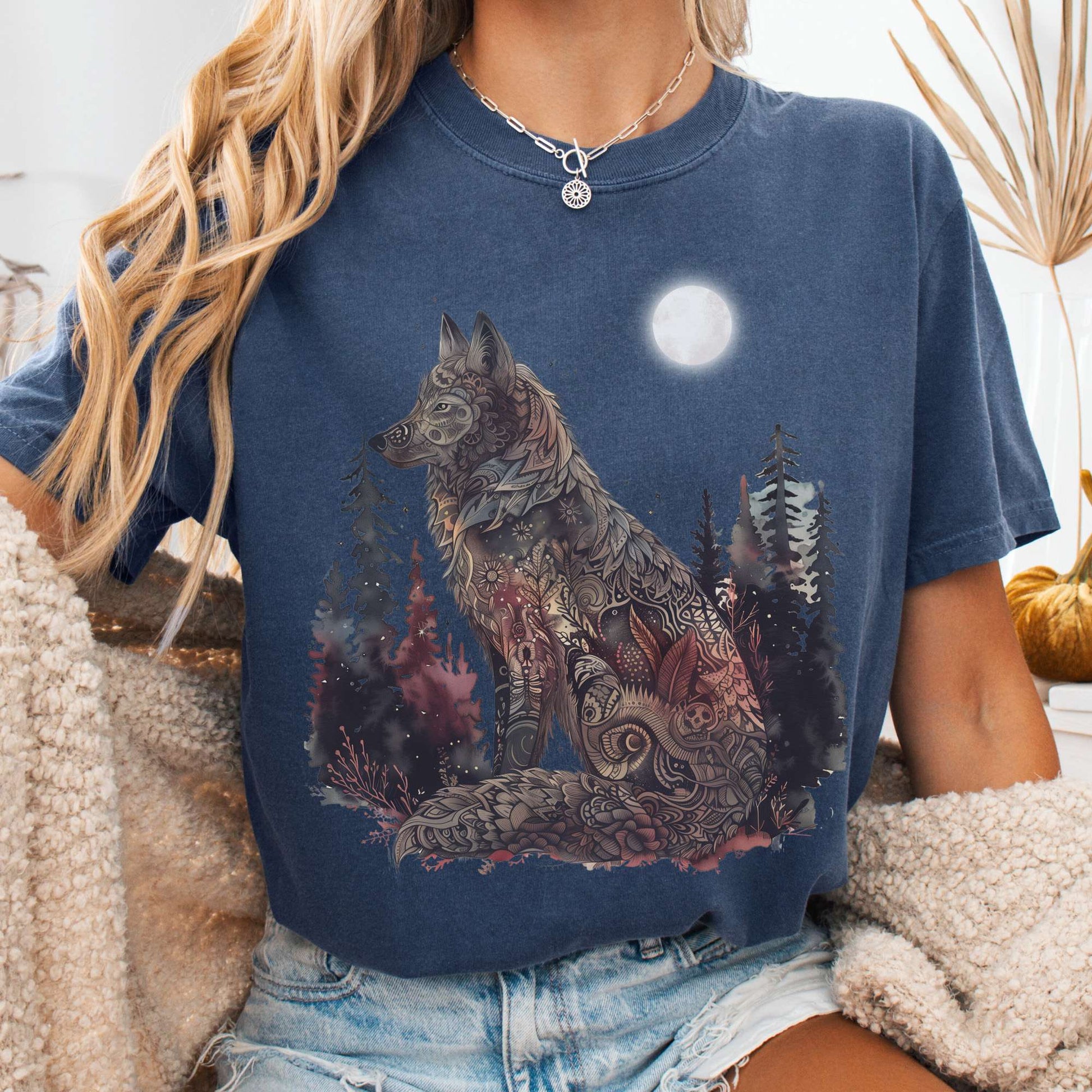 T-Shirt Denim / S Nightfall Wolf T-Shirt – Mystical Forestcore Tee The Mystic Eden