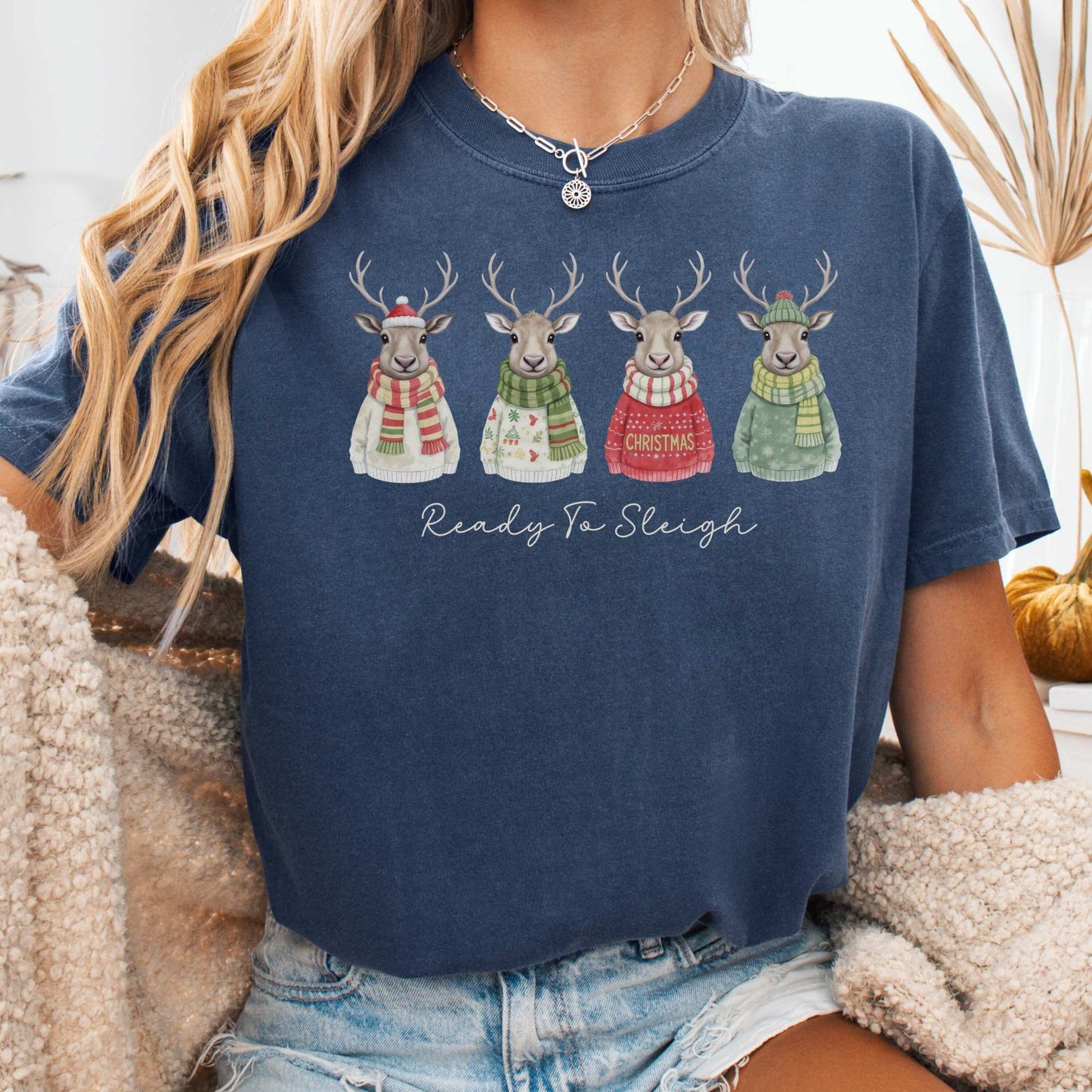 T-Shirt Denim / S Ready to Sleigh — Festive Reindeer Christmas Tee The Mystic Eden