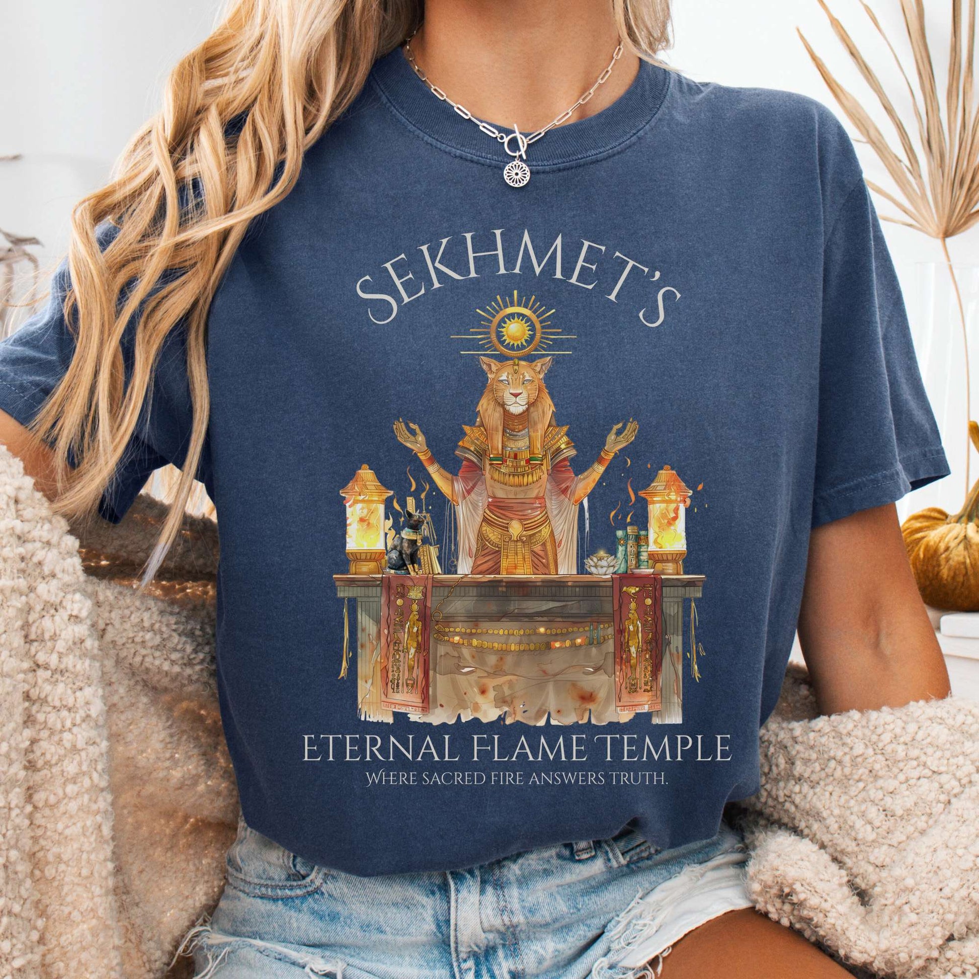 T-Shirt Denim / S Sekhmet's Eternal Flame Temple Egyptian Mythology Tee The Mystic Eden