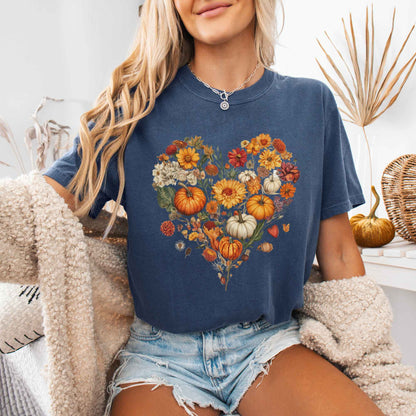 T-Shirt Denim / S Vintage fall floral pumpkin heart tee The Mystic Eden