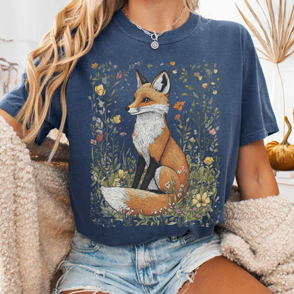 T-Shirt Denim / S Vintage Style Happy Fox Cottagecore Shirt The Mystic Eden