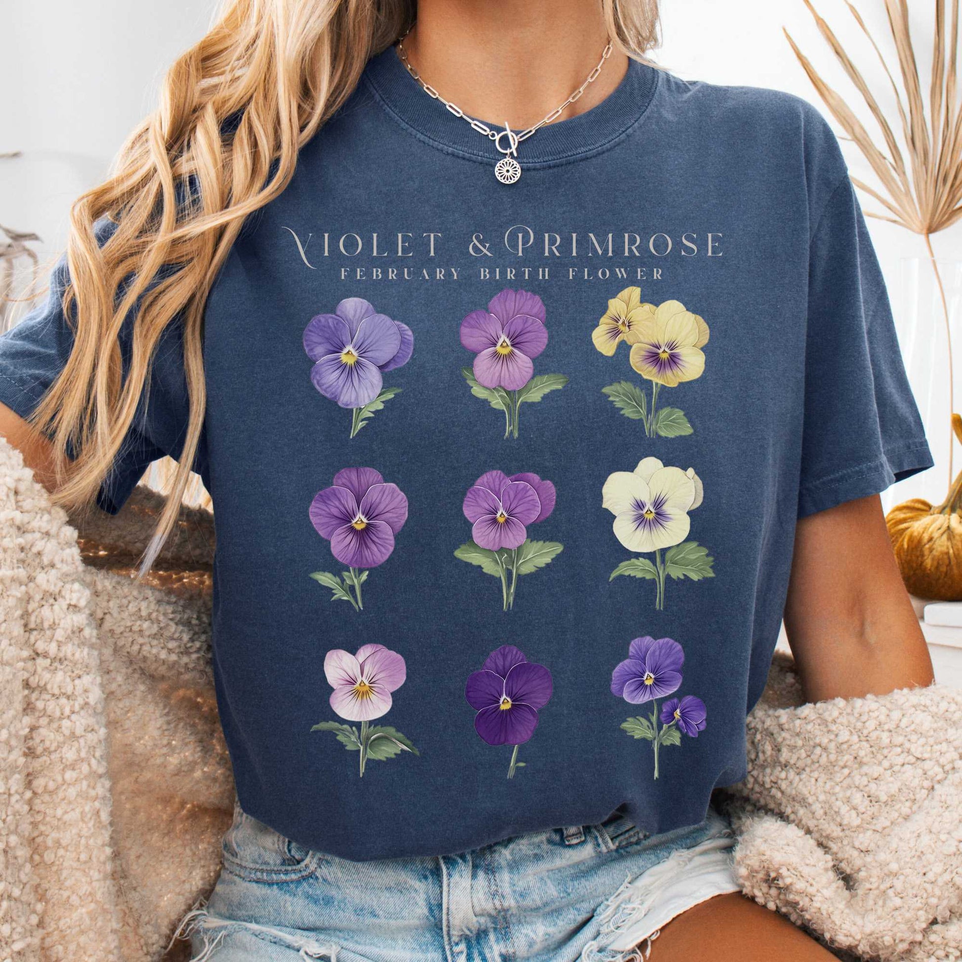 T-Shirt Denim / S Violet & Primrose February Birth Month Flower Shirt The Mystic Eden