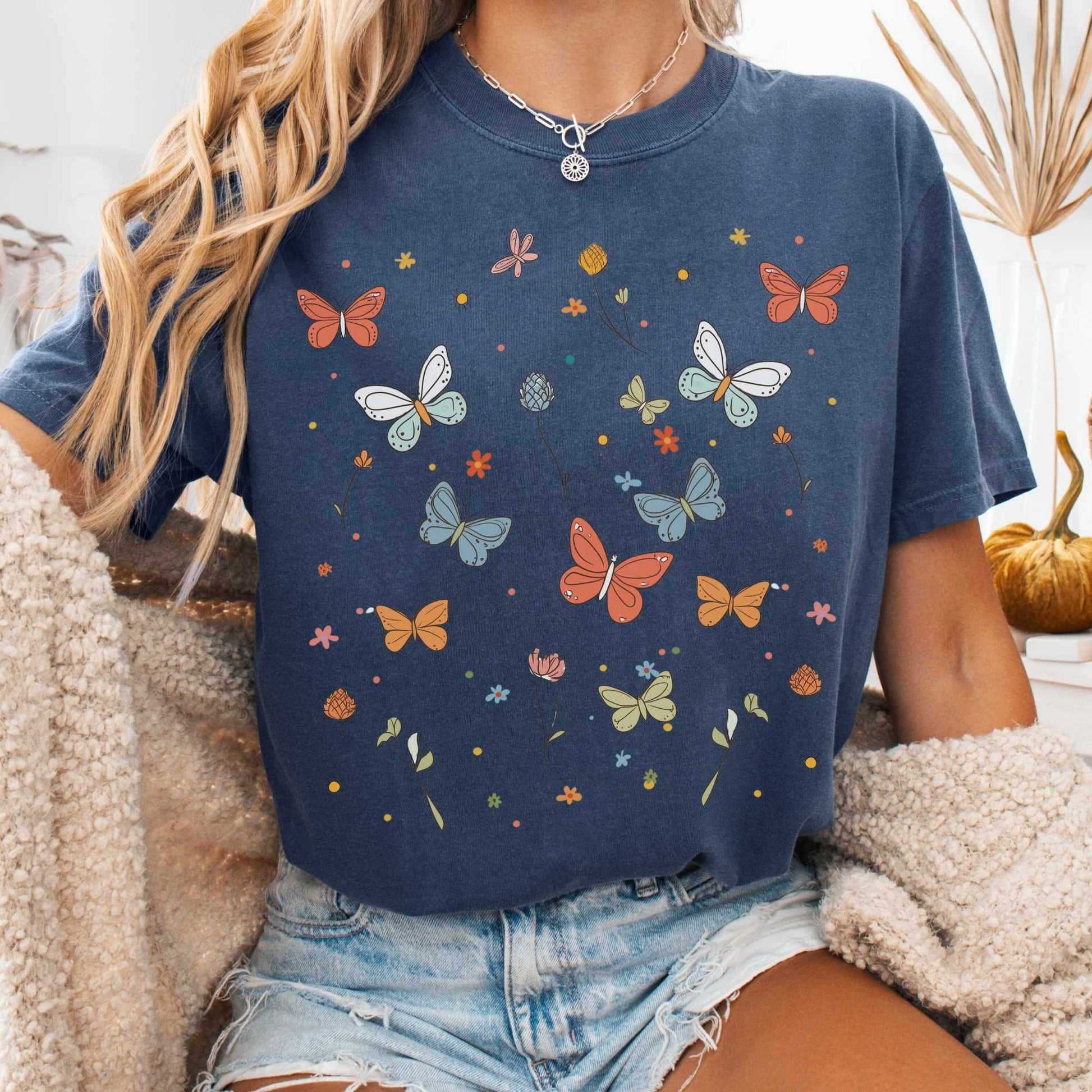T-Shirt Denim / S Whimsical Bright Butterflies Cottagecore Shirt The Mystic Eden