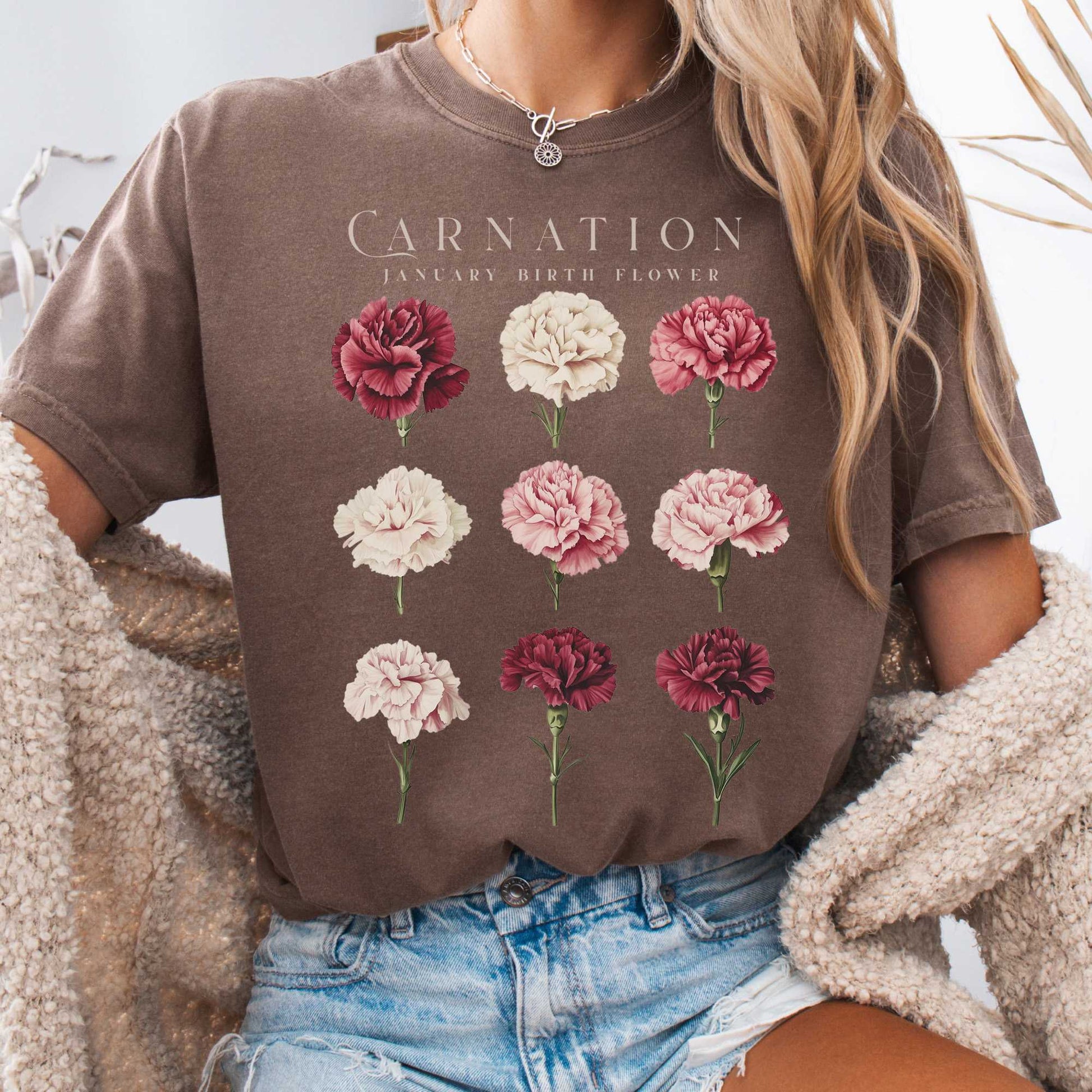 T-Shirt Espresso / S Carnation January Birth Month Flower Shirt The Mystic Eden