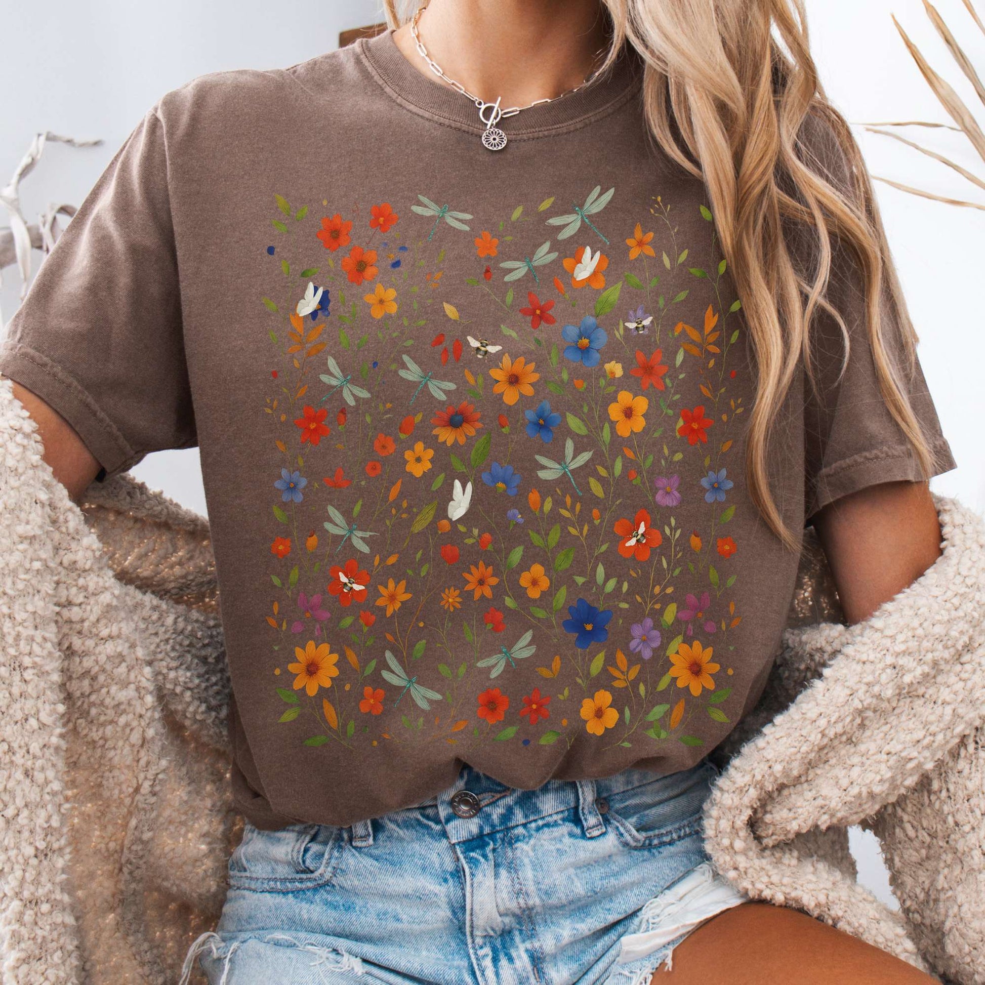 T-Shirt Espresso / S Dragonfly Meadow T-Shirt – Whimsical Floral Tee The Mystic Eden