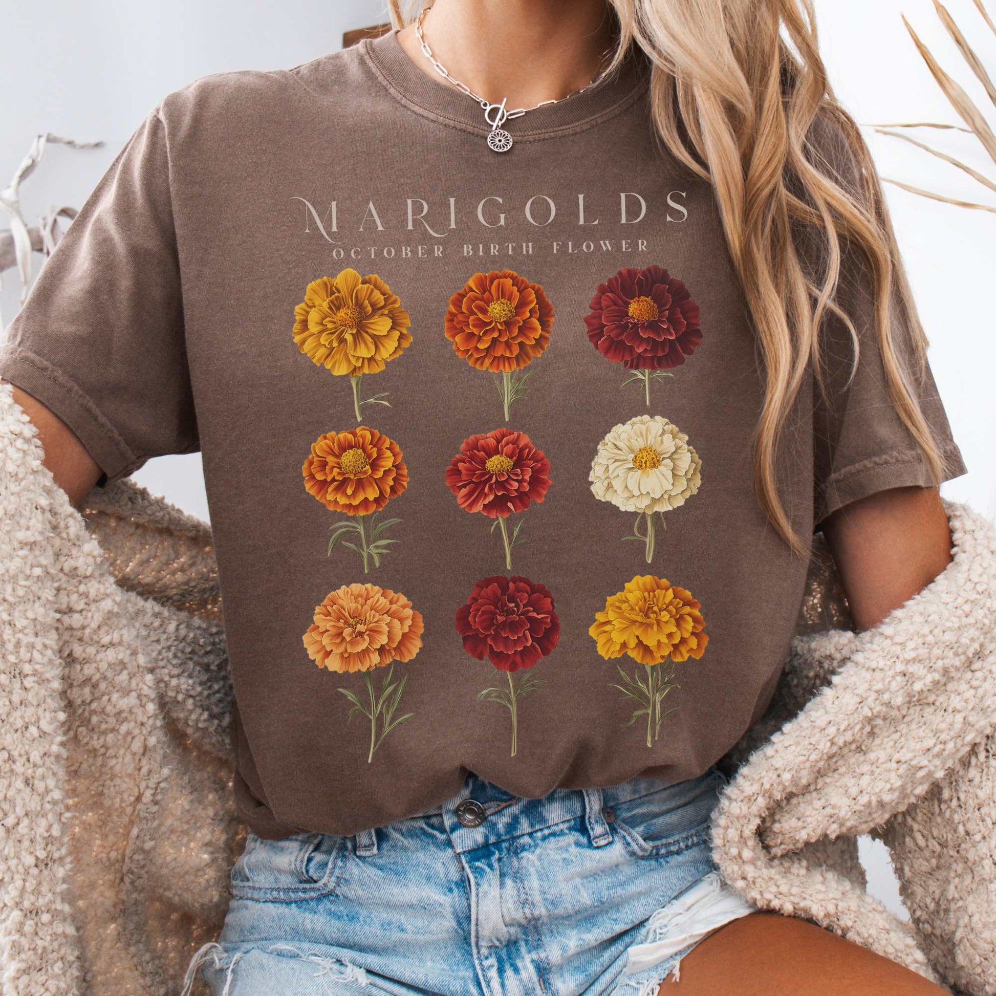 T-Shirt Espresso / S Marigolds October Birth Month Flower Shirt The Mystic Eden