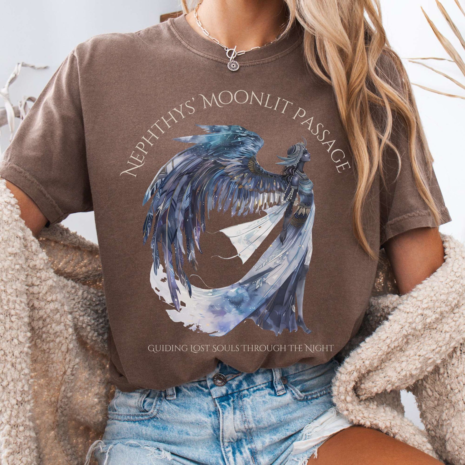 T-Shirt Espresso / S Nephthys' Moonlit Passage Egyptian Mythology Tee The Mystic Eden