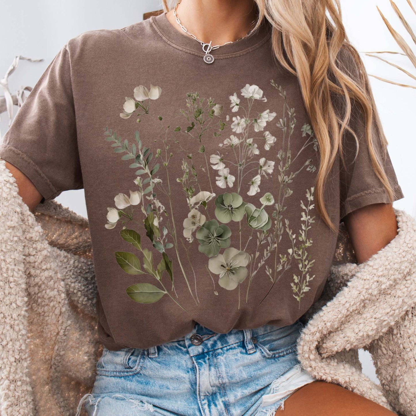 T-Shirt Espresso / S Vintage cottagecore sage and white wildflower shirt The Mystic Eden