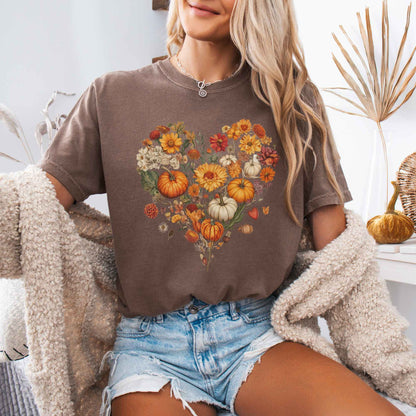 T-Shirt Espresso / S Vintage fall floral pumpkin heart tee The Mystic Eden