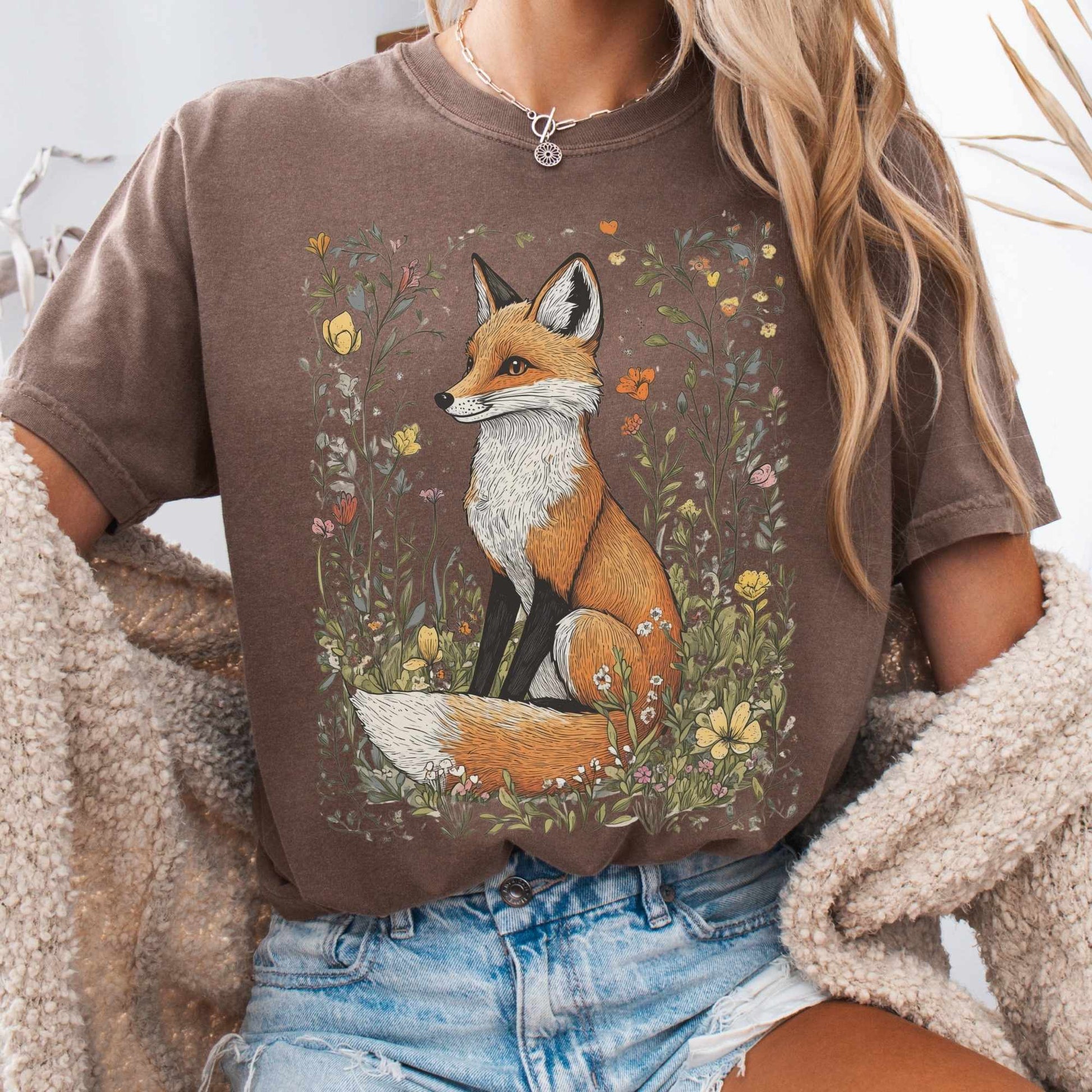 T-Shirt Espresso / S Vintage Style Happy Fox Cottagecore Shirt The Mystic Eden