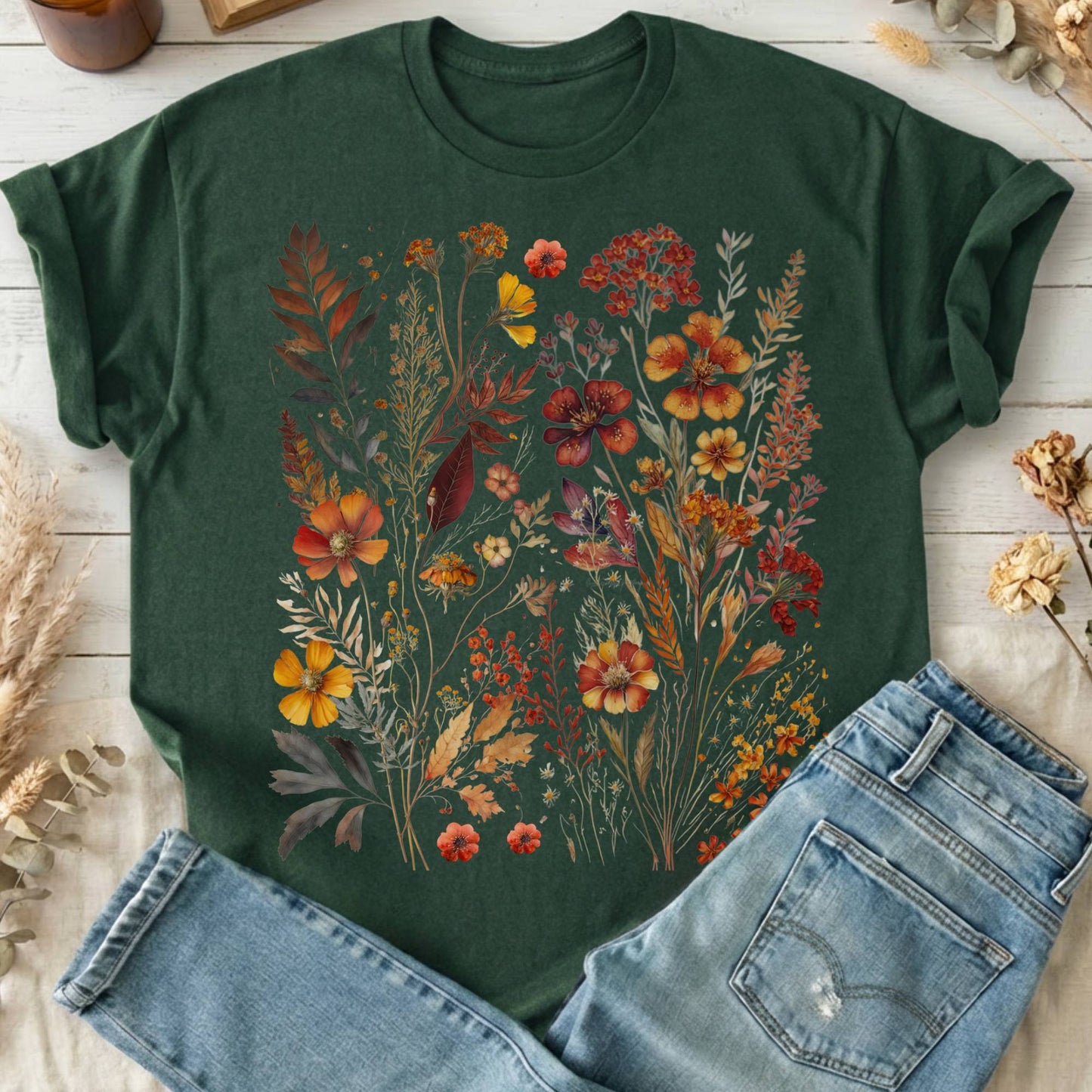 T-Shirt Forest Green / S Autumn Cottagecore Wildflowers T-Shirt The Mystic Eden