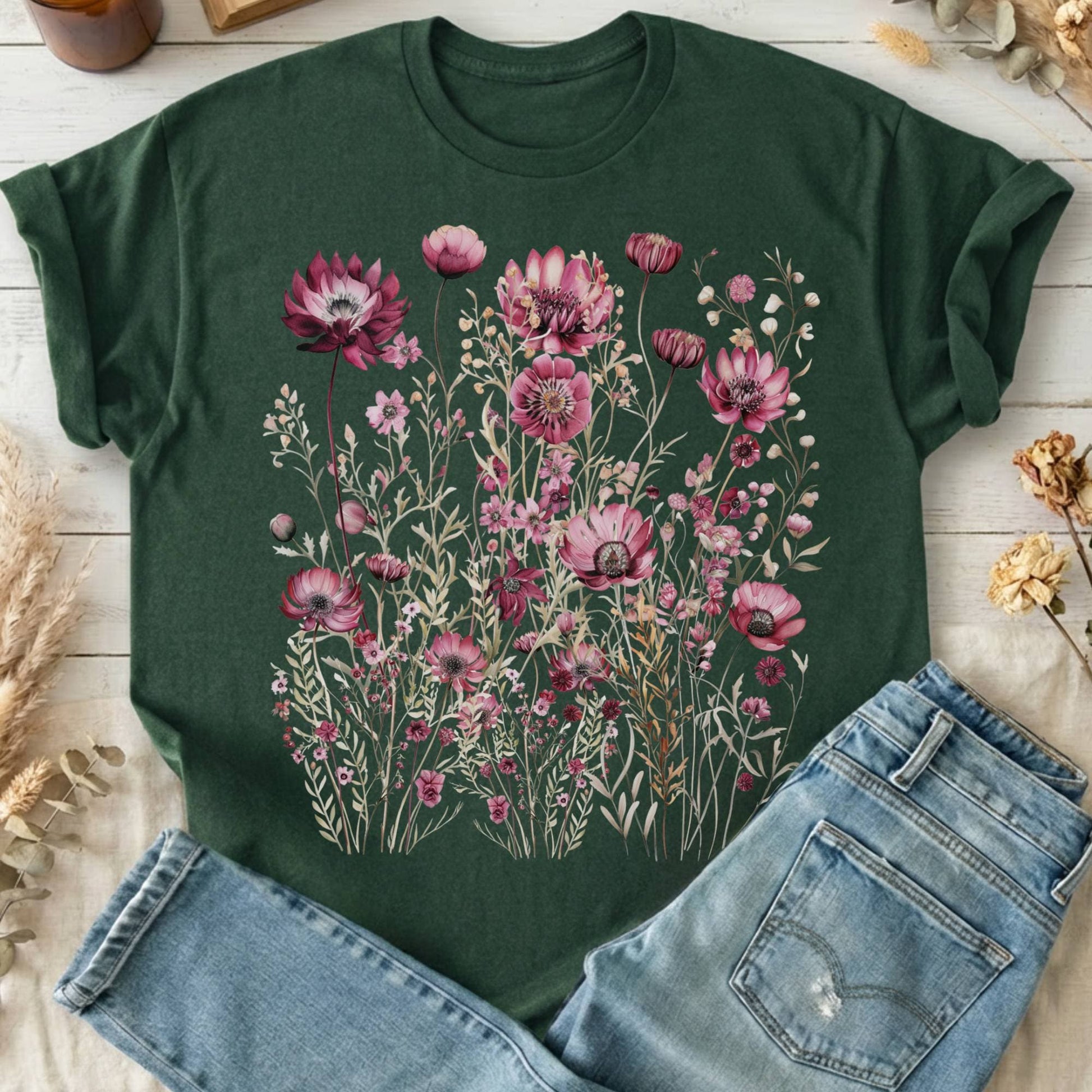 T-Shirt Forest Green / S Maroon Wildflower T-Shirt The Mystic Eden