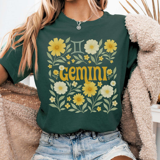 T-Shirt Forest / S Gemini Bella T-Shirt – Retro Floral Zodiac Tee The Mystic Eden