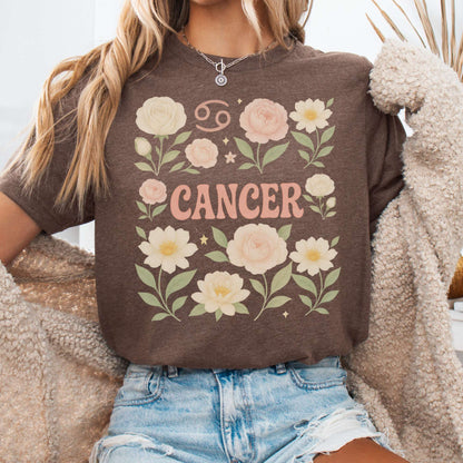 T-Shirt Heather Brown / S Cancer BellaT-Shirt – Retro Floral Zodiac Tee The Mystic Eden