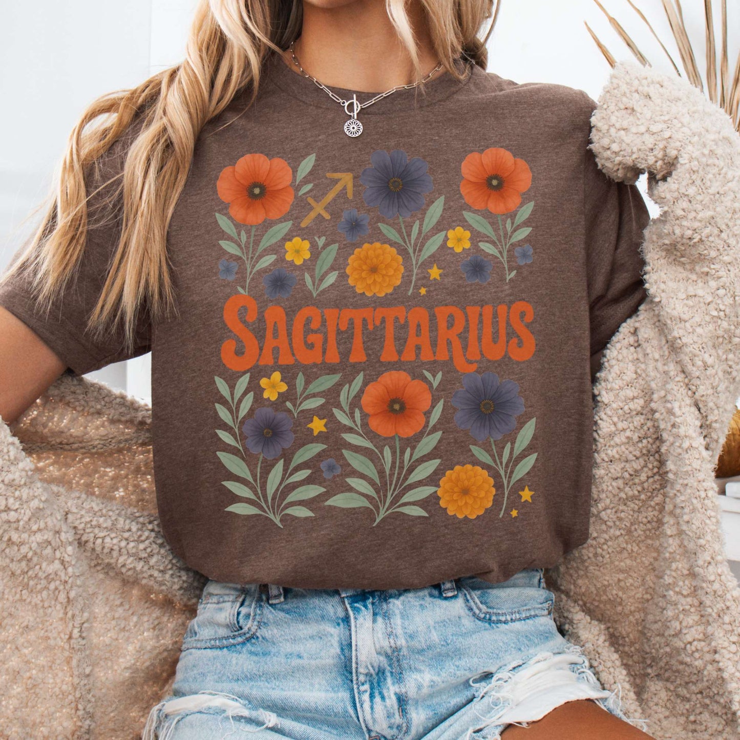 T-Shirt Heather Brown / S Sagittarius Bella T-Shirt – Retro Floral Zodiac Tee The Mystic Eden