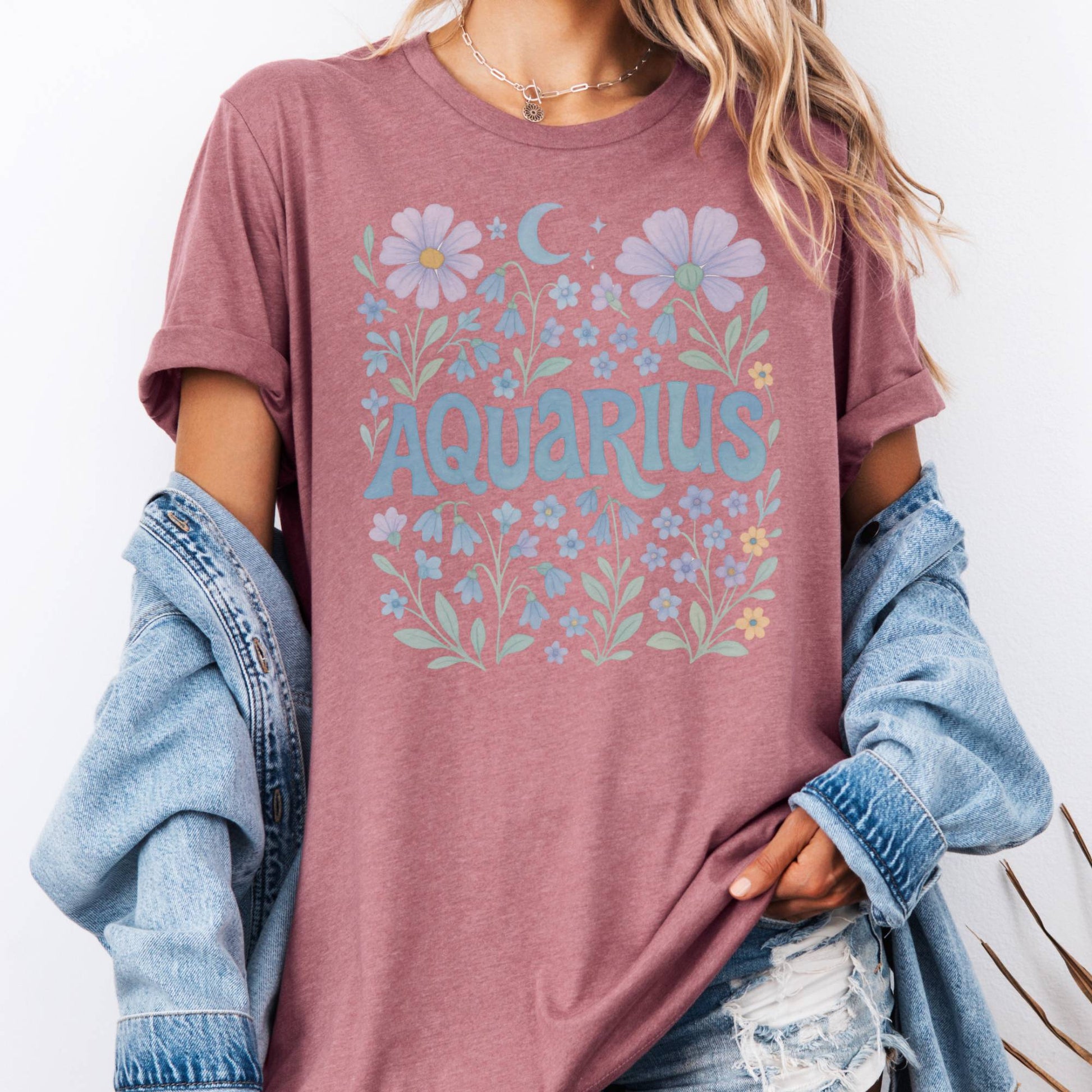T-Shirt Heather Mauve / S Aquarius Floral T-Shirt – Retro Floral Zodiac Tee The Mystic Eden