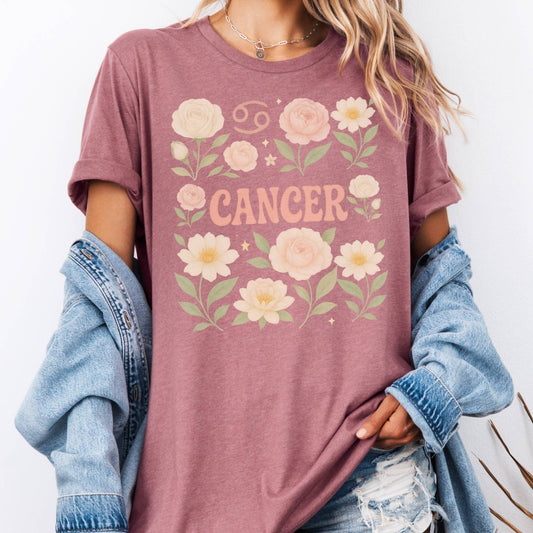 T-Shirt Heather Mauve / S Cancer BellaT-Shirt – Retro Floral Zodiac Tee The Mystic Eden