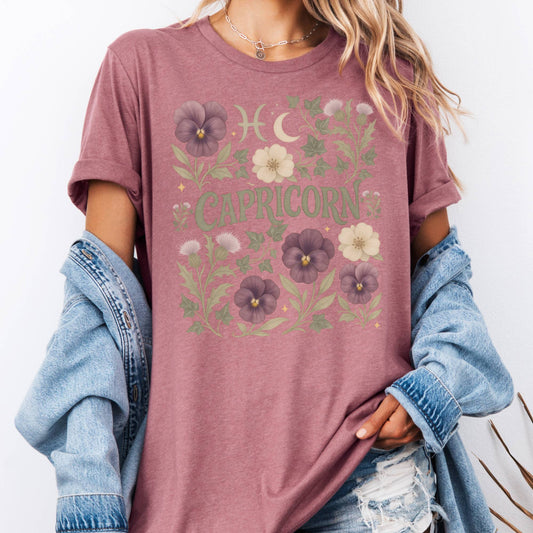 T-Shirt Heather Mauve / S Capricorn Bella T-Shirt – Retro Floral Zodiac Tee The Mystic Eden