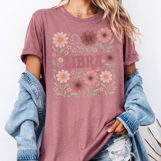 T-Shirt Heather Mauve / S Libra Bella T-Shirt – Retro Floral Zodiac Tee The Mystic Eden