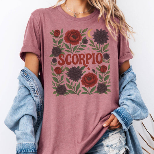 T-Shirt Heather Mauve / S Scorpio Bella T-Shirt – Retro Floral Zodiac Tee The Mystic Eden