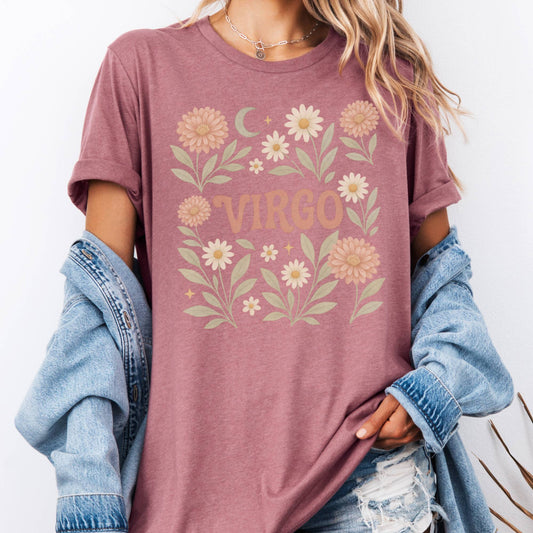 T-Shirt Heather Mauve / S Virgo Bella T-Shirt – Retro Floral Zodiac Tee The Mystic Eden