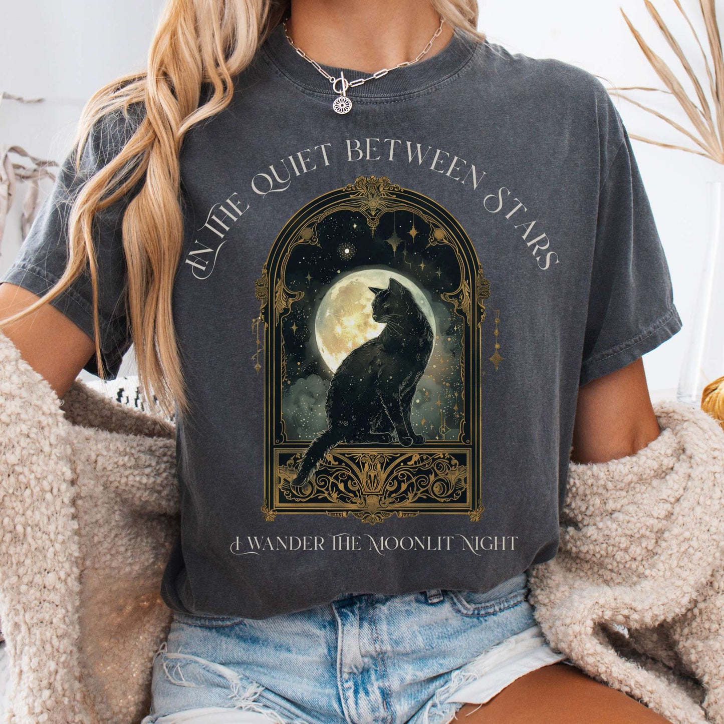 T-Shirt In the Quiet Between Stars Moonlit Cat Tee The Mystic Eden
