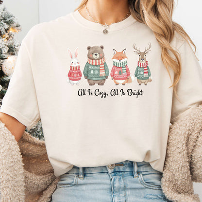 T-Shirt Ivory / S All Is Cozy, All Is Bright — Woodland Christmas Christmas Tee The Mystic Eden