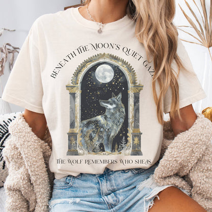 T-Shirt Ivory / S Beneath The Moon The Wolf Remembers Who She Is Tee The Mystic Eden
