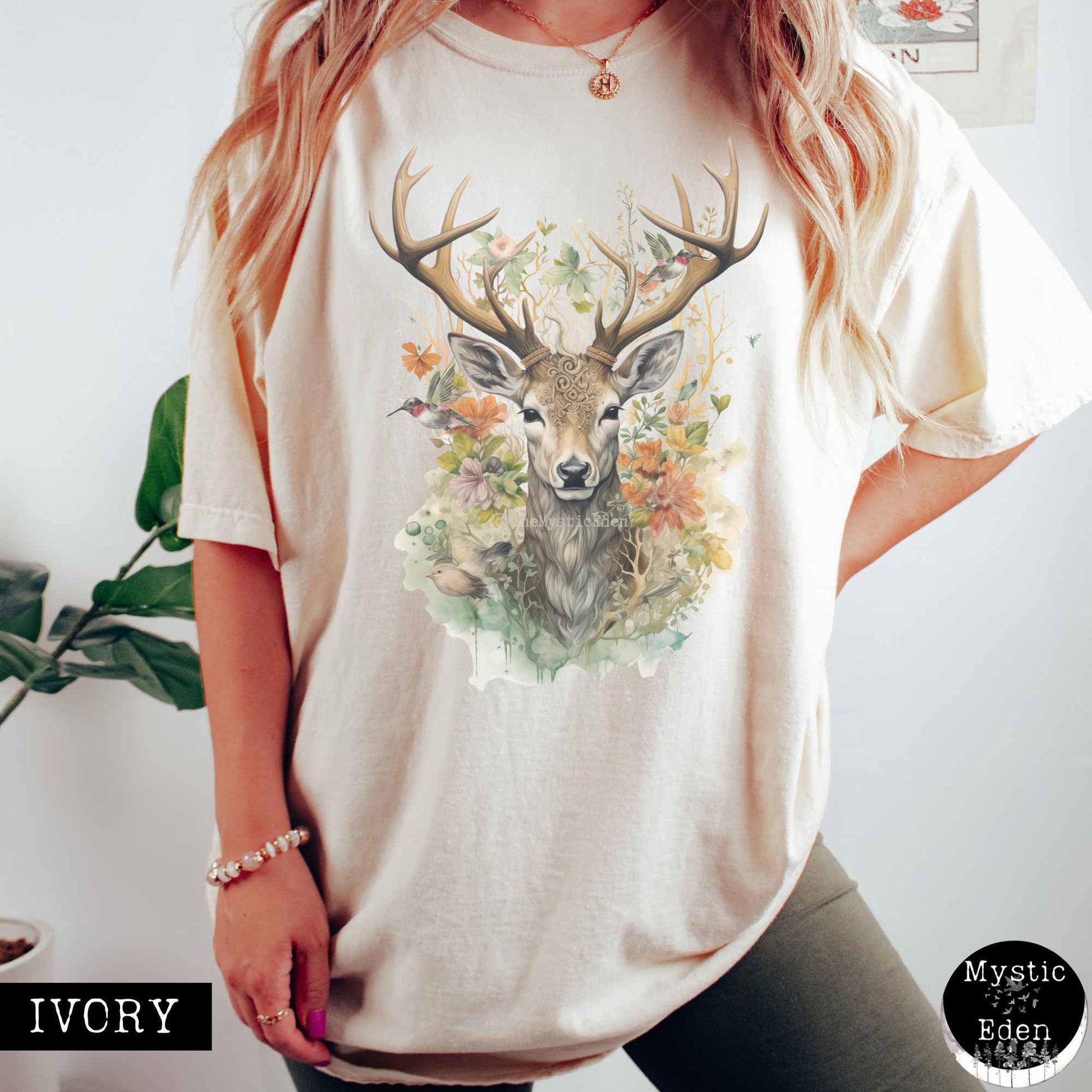 T-Shirt Ivory / S Cottagecore deer floral shirt The Mystic Eden