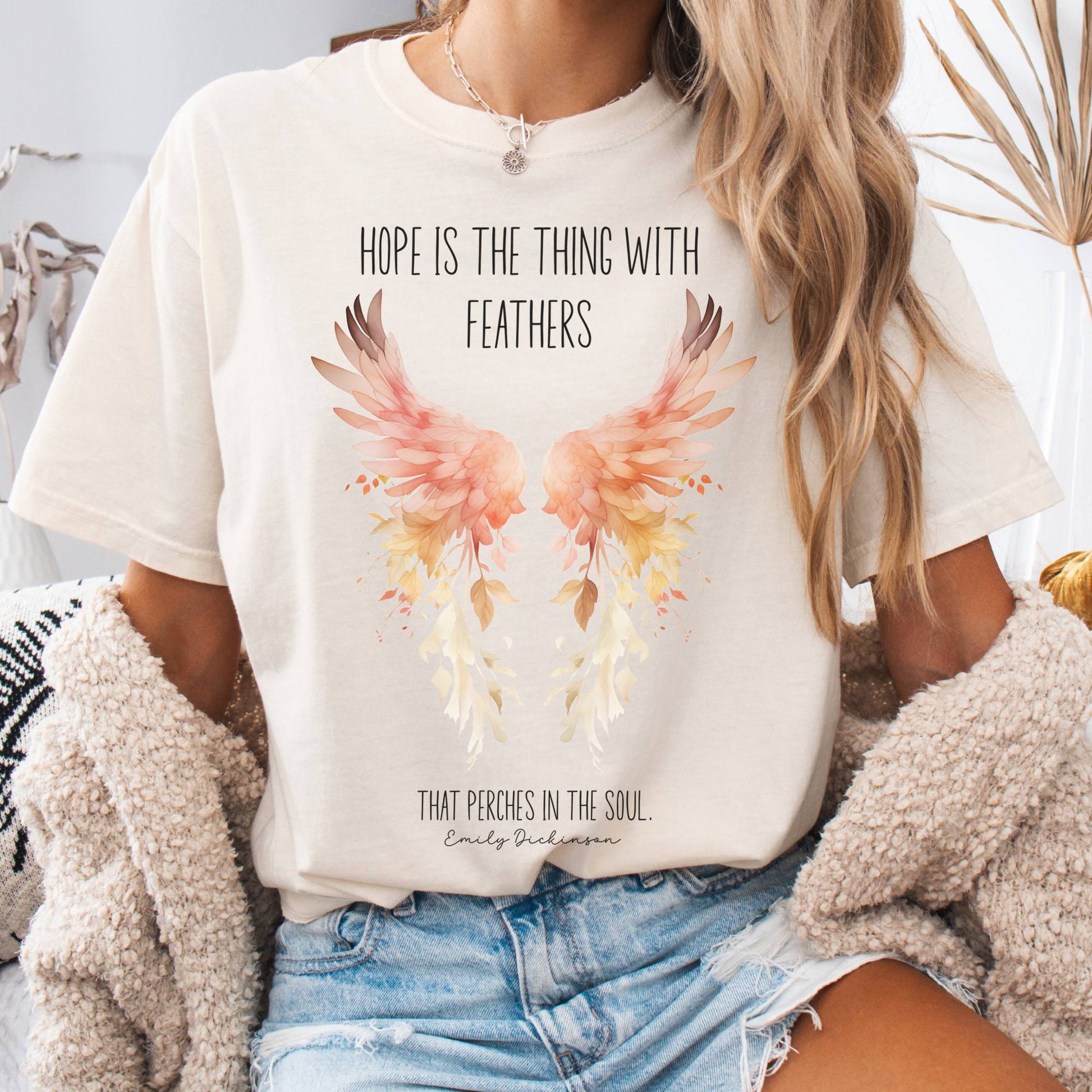 T-Shirt Ivory / S Hope is the Thing With Feathers Emily Dickinson T-Shirt – Literary Wings Tee The Mystic Eden