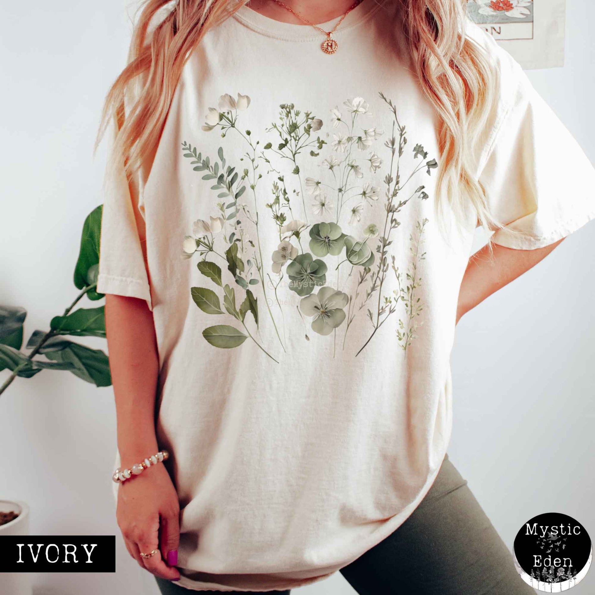 T-Shirt Ivory / S Vintage cottagecore sage and white wildflower shirt The Mystic Eden