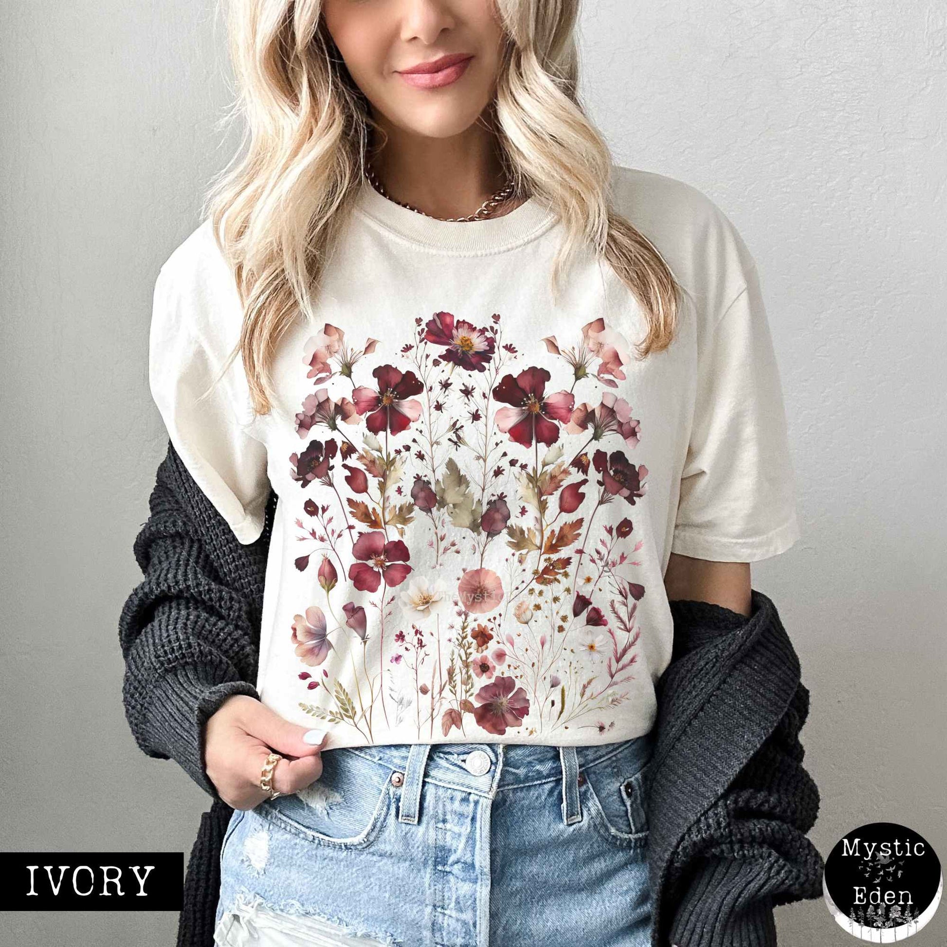 T-Shirt Ivory / S Vintage maroon pressed flowers shirt The Mystic Eden