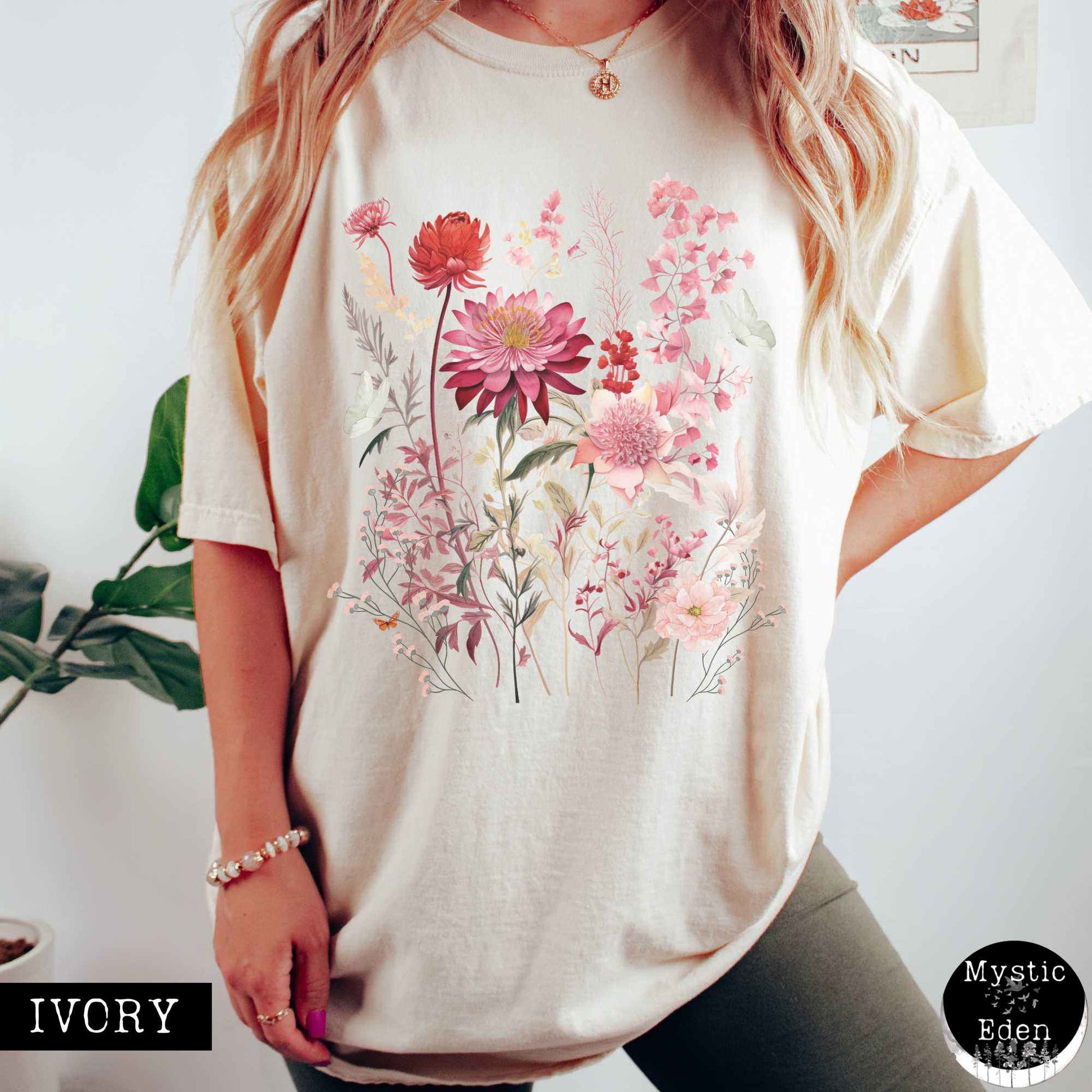 T-Shirt Ivory / S Vintage pink floral wildflower and butterfly shirt The Mystic Eden
