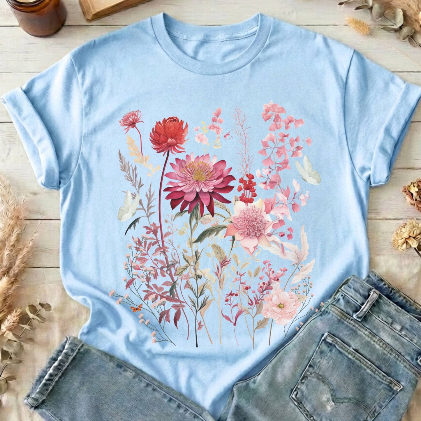 T-Shirt Light Blue / S Pink Wildflower and Butterflies Cottagecore T-Shirt The Mystic Eden