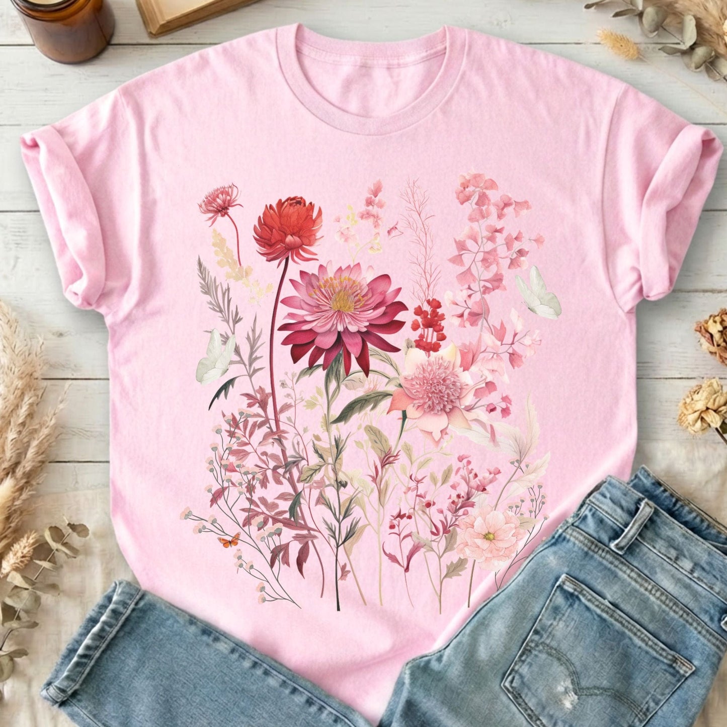 T-Shirt Light Pink / S Pink Wildflower and Butterflies Cottagecore T-Shirt The Mystic Eden