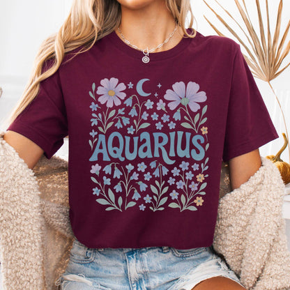 T-Shirt Maroon / S Aquarius Floral T-Shirt – Retro Floral Zodiac Tee The Mystic Eden