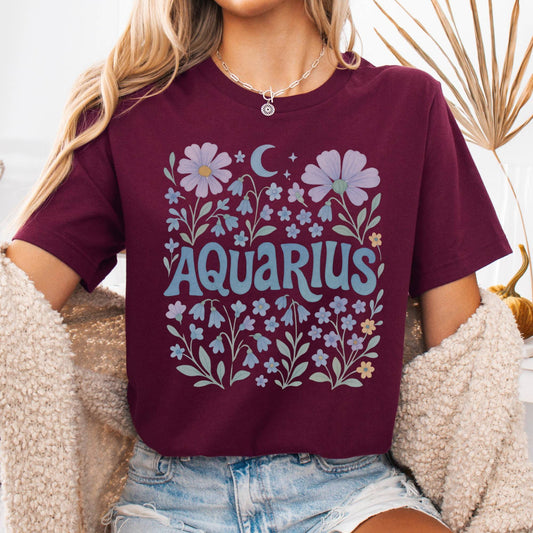 T-Shirt Maroon / S Aquarius Floral T-Shirt – Retro Floral Zodiac Tee The Mystic Eden