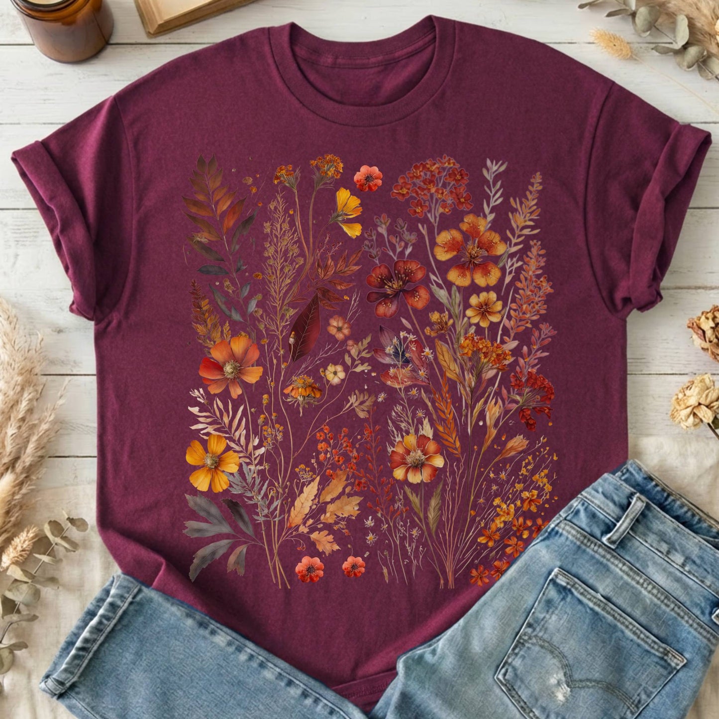 T-Shirt Maroon / S Autumn Cottagecore Wildflowers T-Shirt The Mystic Eden