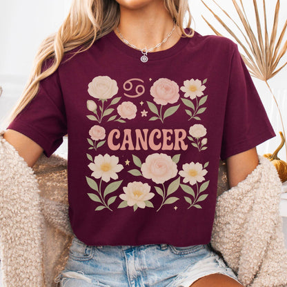T-Shirt Maroon / S Cancer BellaT-Shirt – Retro Floral Zodiac Tee The Mystic Eden