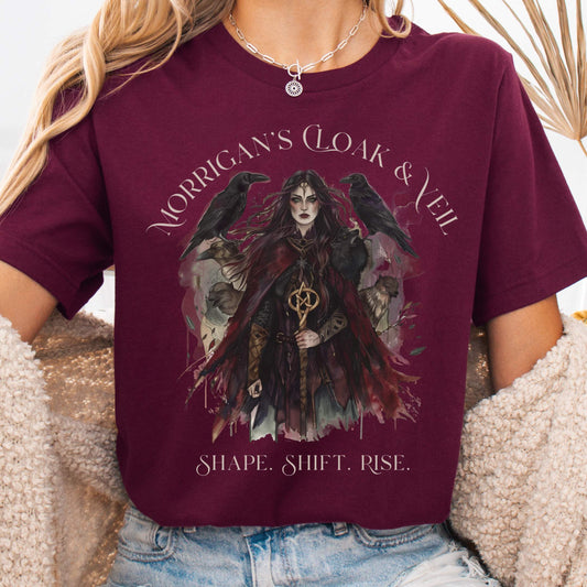 T-Shirt Maroon / S Morrigan's Cloak & Veil Bella + Canvas Tee – Celtic Goddess Tee The Mystic Eden