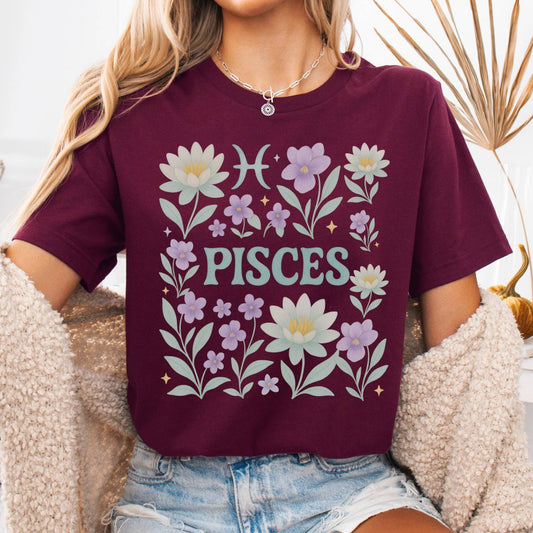 T-Shirt Maroon / S Pisces Bella T-Shirt – Retro Floral Zodiac Tee The Mystic Eden