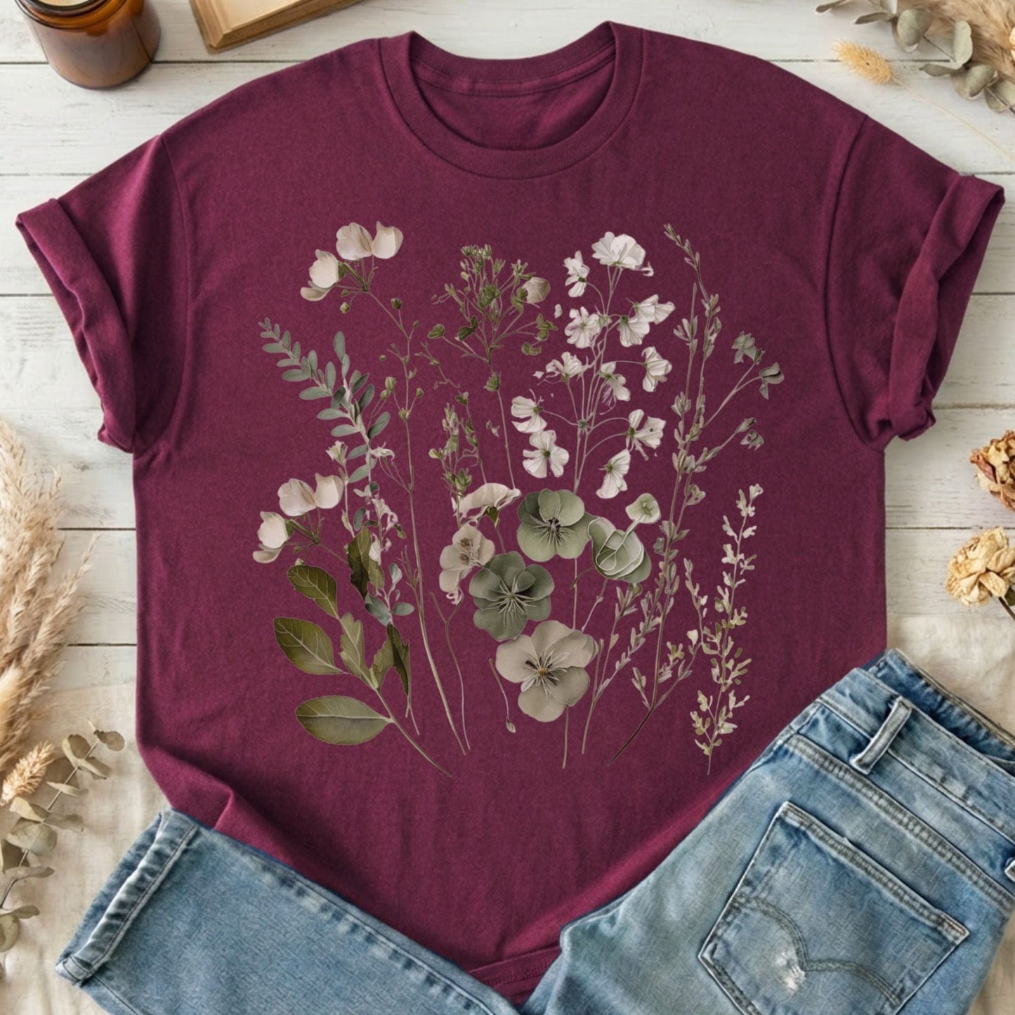 T-Shirt Maroon / S Sage and White Wildflower T-Shirt The Mystic Eden